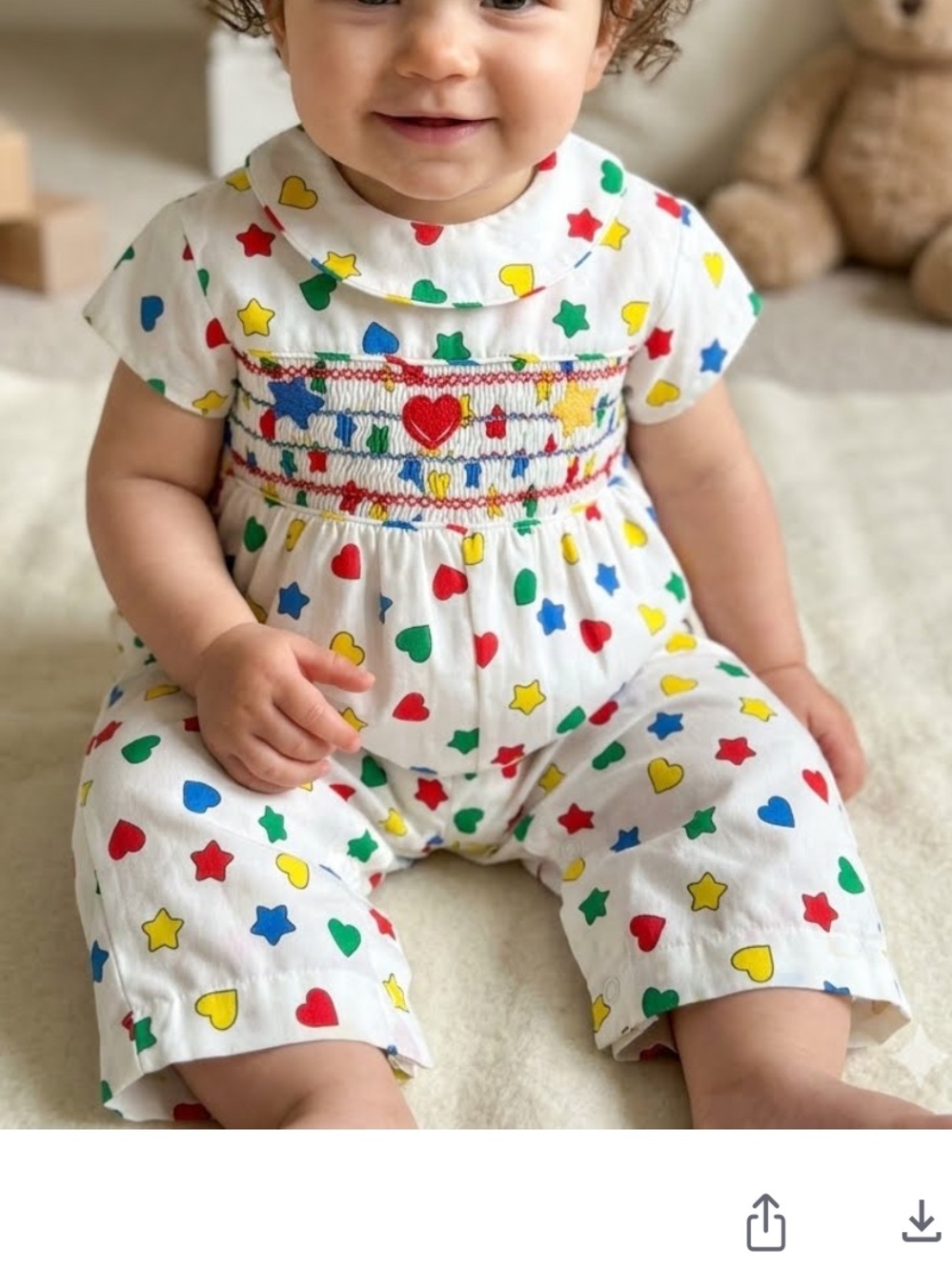 Vintage Polly flinders smocked primary color heart star short sleeve romper 24m